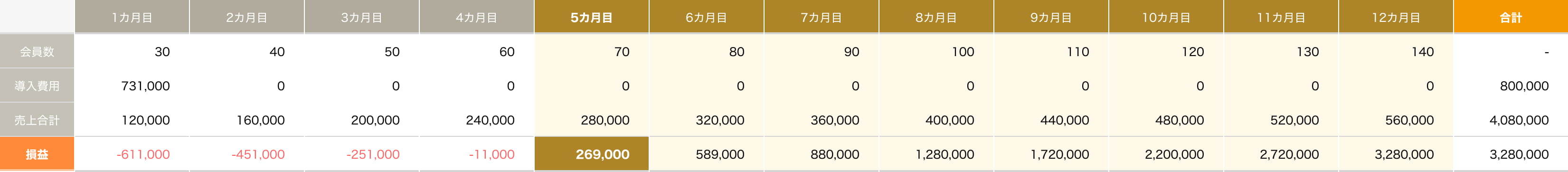 1ヶ月目から12ヶ月目までの損益表